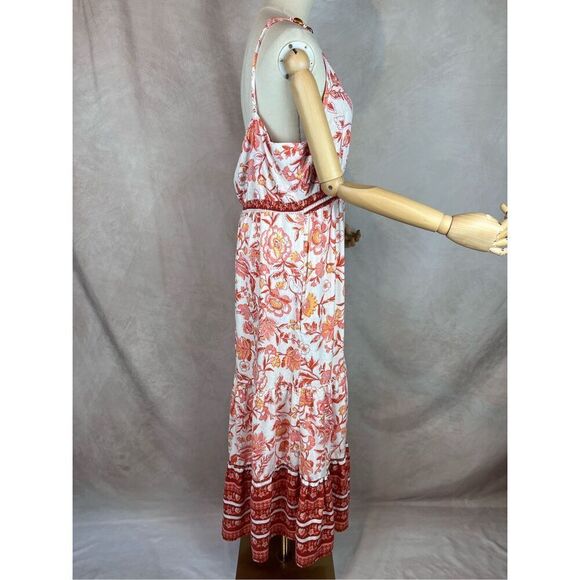 Rachel Zoe Pink Coral Floral Tiered Maxi Dress Linen Blend Size XL - Picture 6 of 8